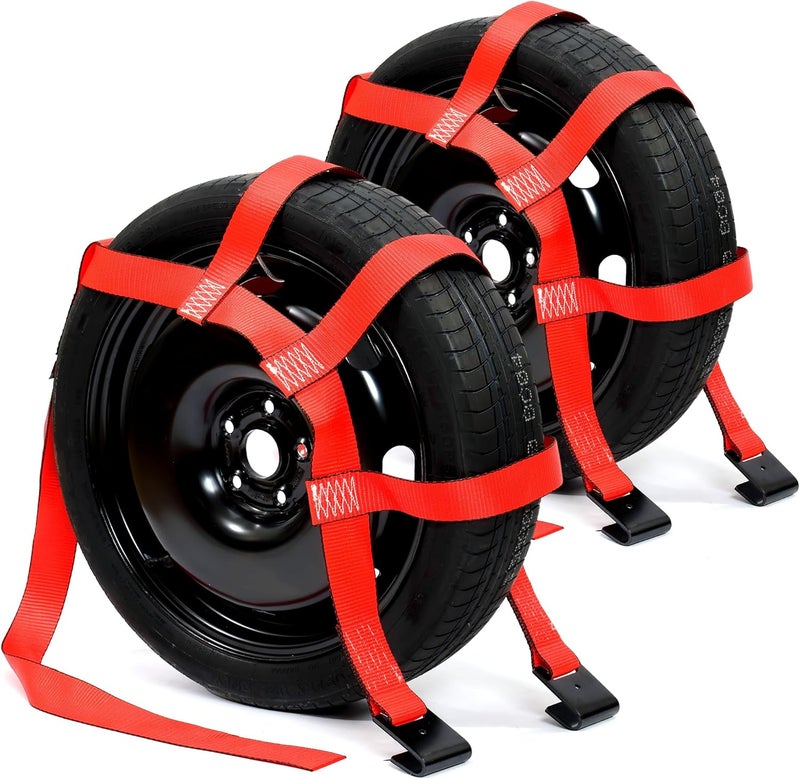 ARMORLOGISTICS Tow Dolly Basket Straps with Flat Hook, 2 Pack Tow Dolly Straps, Fits 14"-17" Tires Wheels, Breaking Strength 10000 lbs, 2" Over Wheel Car Basket Tie Down Strap with Carrying Bag, Red - Image 1